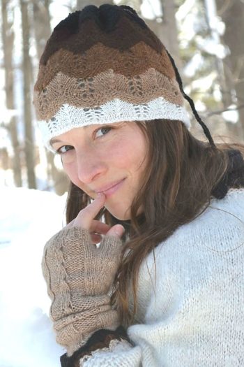 cache-col tuque (2 en 1) de double épaisseur et réversible 100% alpaga tricot à la main couleurs naturelles brun dégradé assorti de mitaines longes sans doigt