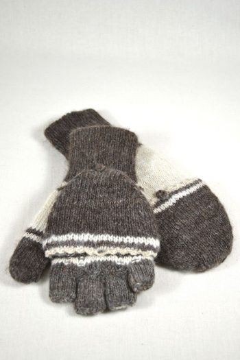 gants à rabat double épaisseur 100% alpaga tricot à la main couleurs naturelles gris rayé