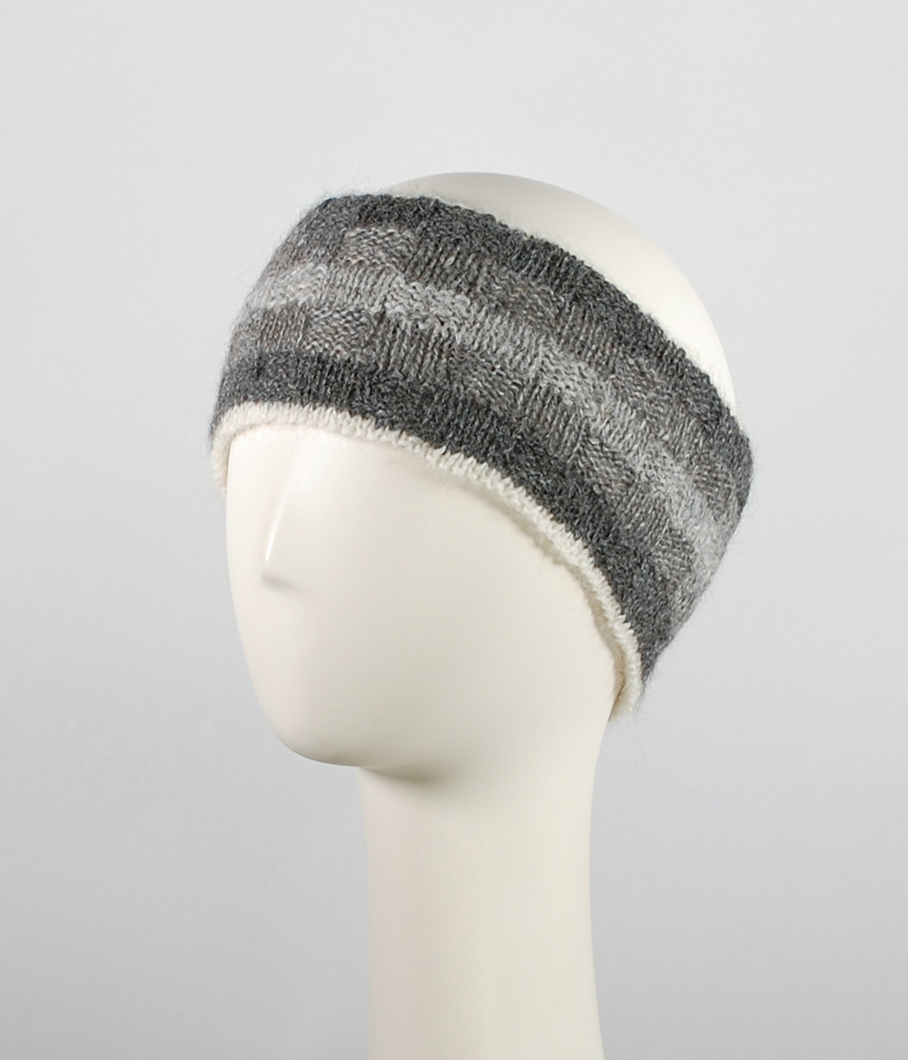 Hand-knitted double and reversible headband, 100% alpaca, striped