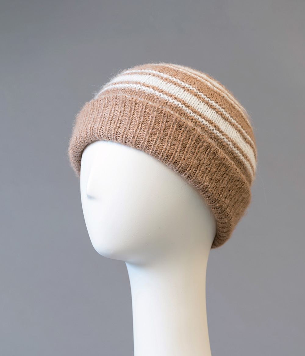 Tuque à rebord double et réversible 100% alpaga tricoté à la main, rayée