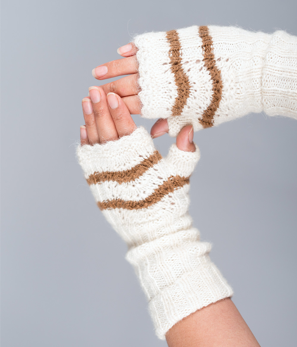 Hand-knitted long fingerless mittens, 100% alpaca, assorted