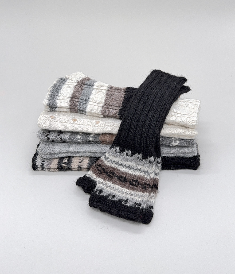 Hand-knitted long fingerless mittens, 100% alpaca, assorted