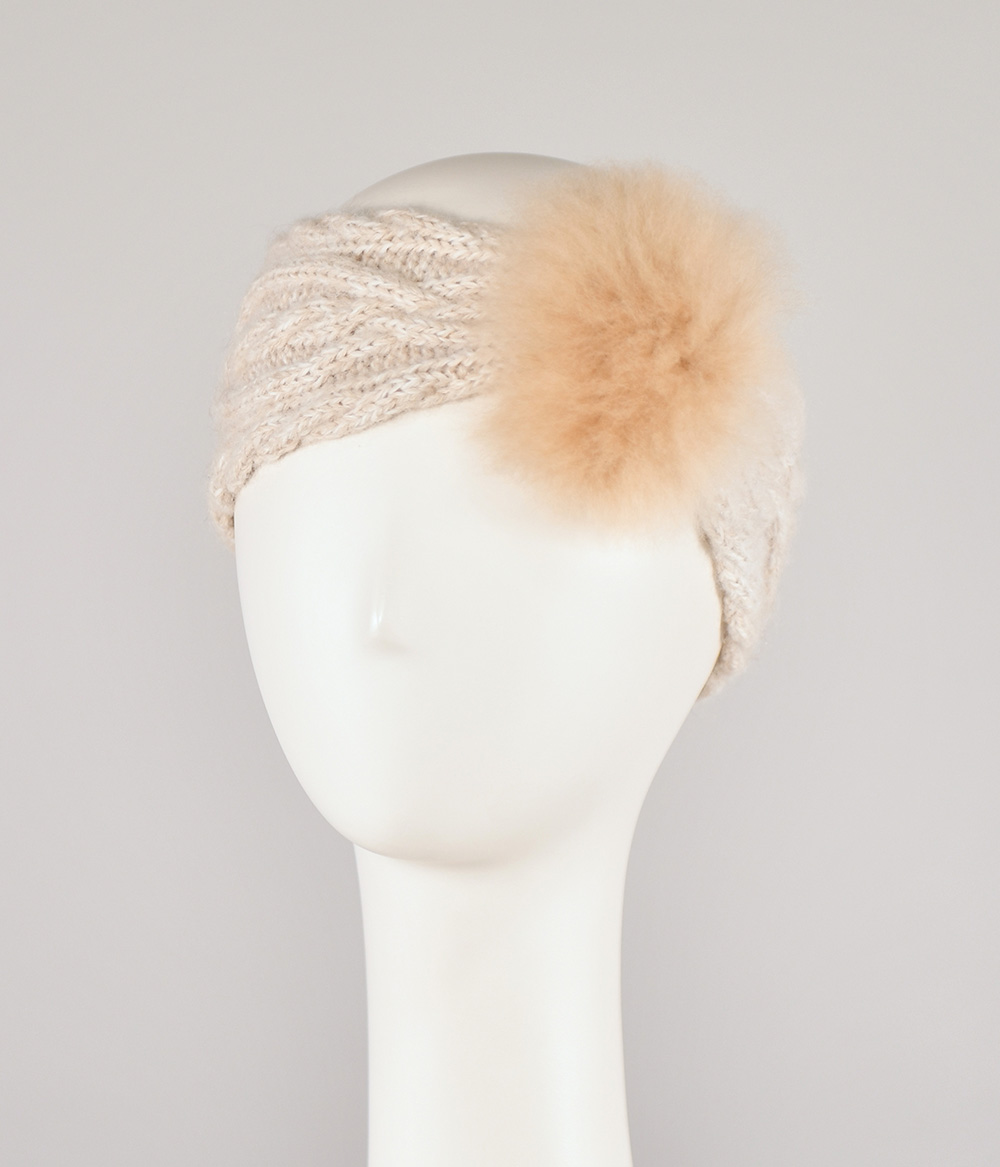 Bandeau beige 100% alpaga tricoté à la main orné de fourrure