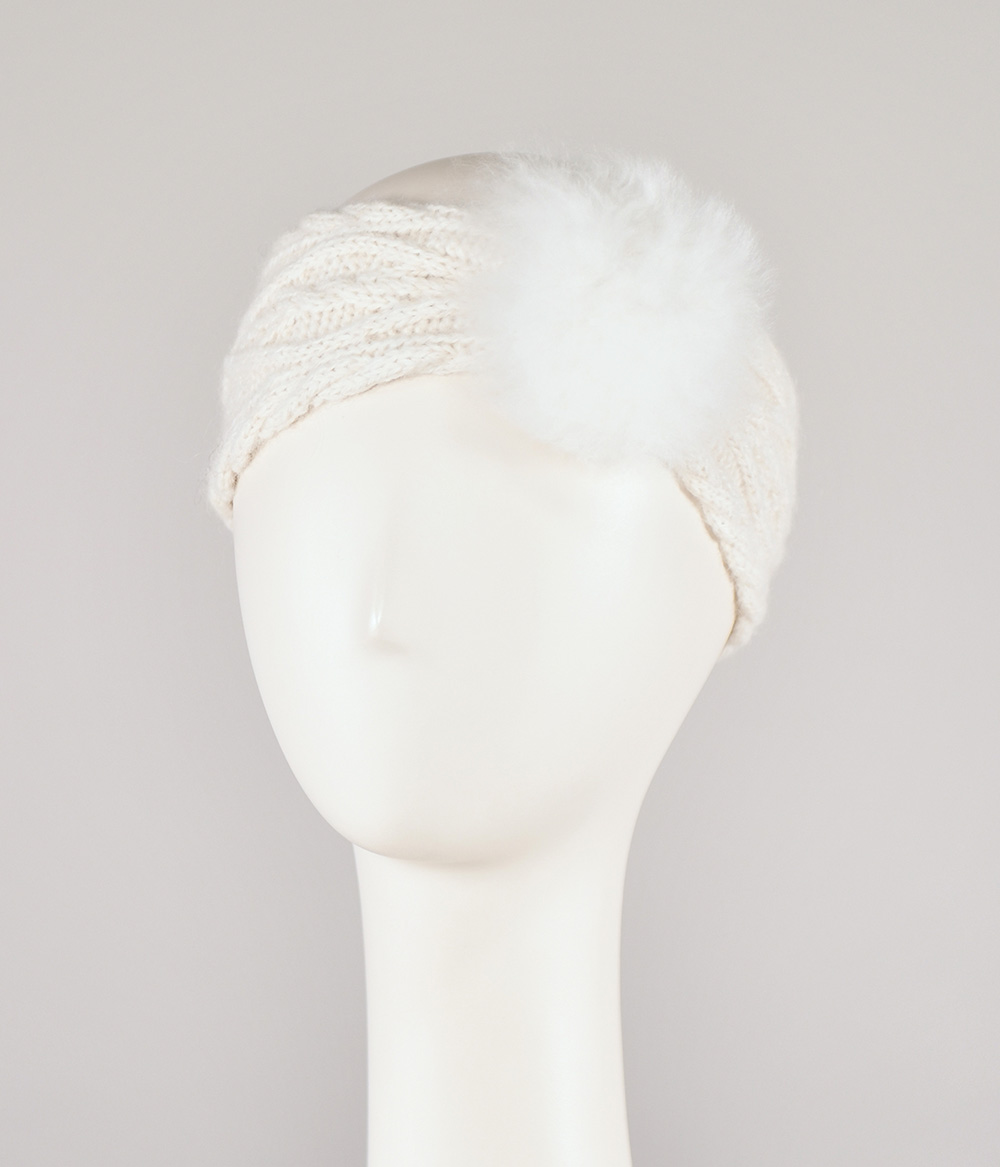 Bandeau blanc 100% alpaga tricoté à la main orné de fourrure