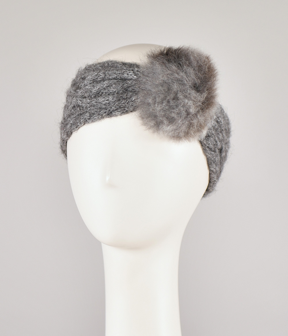 Bandeau gris 100% alpaga tricoté à la main orné de fourrure