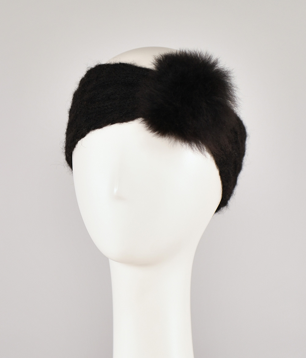 Bandeau noir 100% alpaga tricoté à la main orné de fourrure