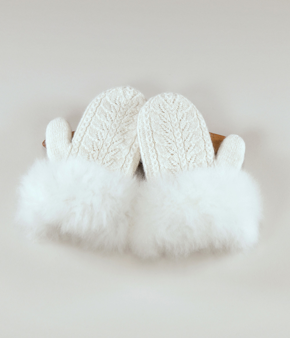 Mitaines doubles 100% alpaga tricoté à la main ornées de fourrure, blanches