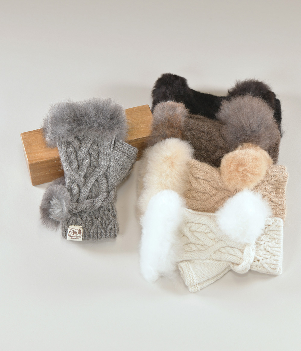 Mitaines sans doigt 100% alpaga tricoté à la main ornées de fourrure