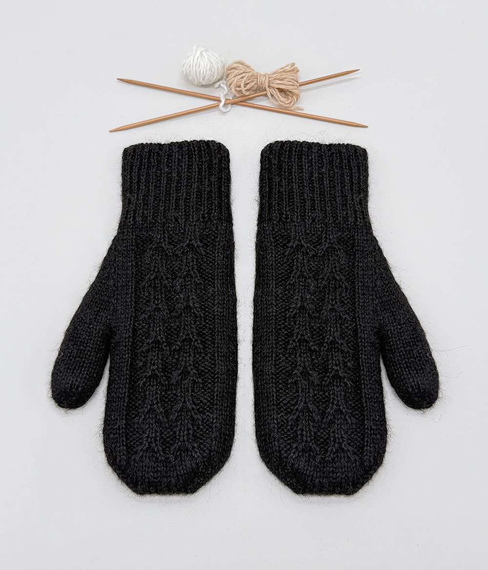 Mitaines doubles et réversibles 100% alpaga tricoté à la main, noires