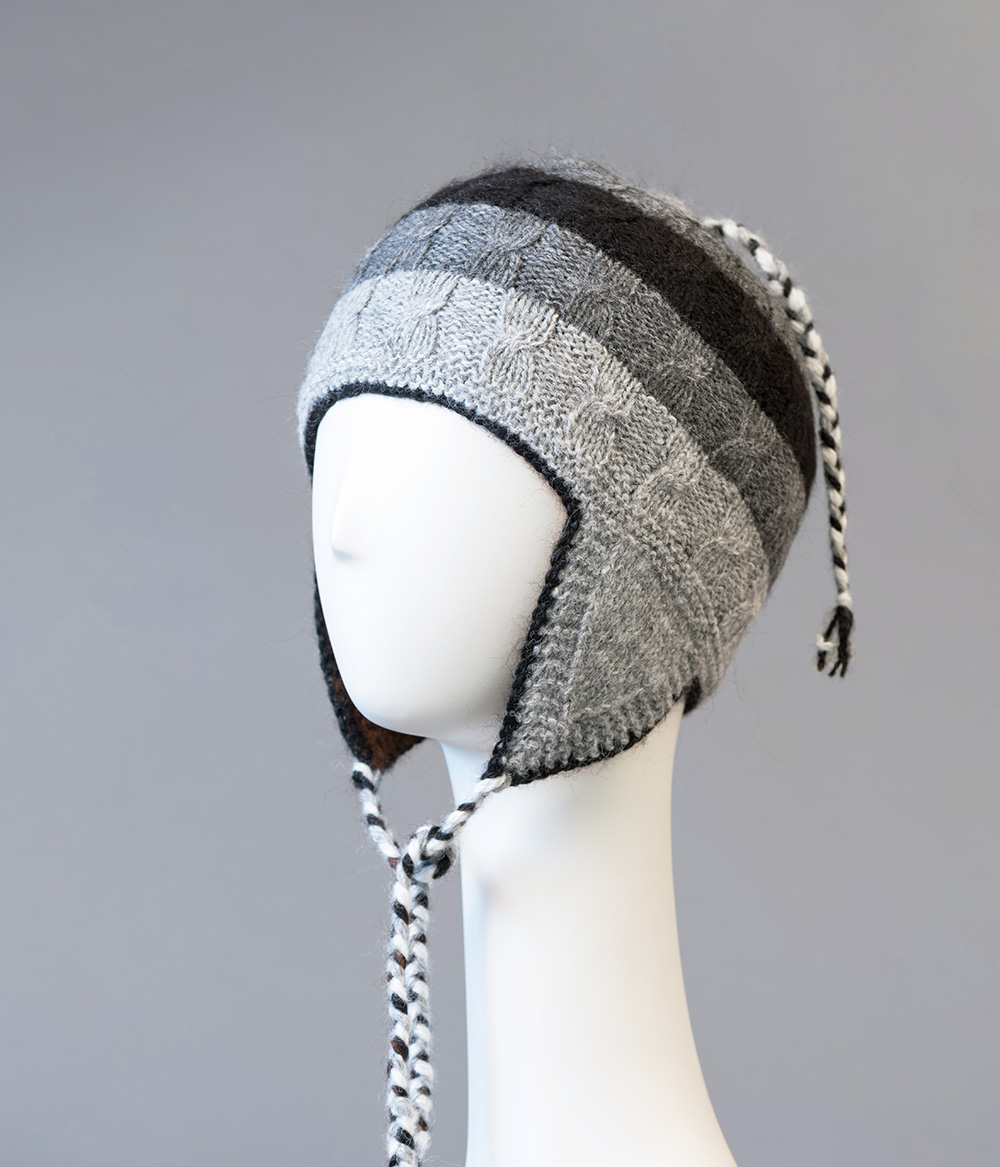 Tuque andine double et réversible 100% alpaga tricoté à la main, rayée