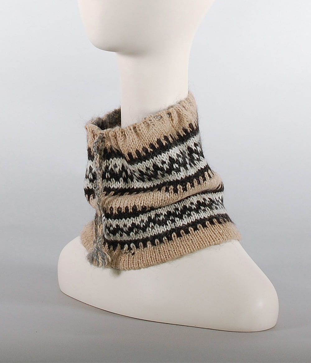 Cache-cou tuque réversible 100% alpaga tricoté à la main, à motifs