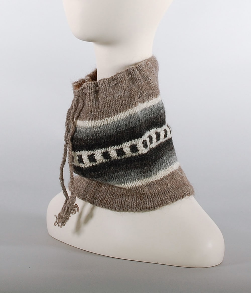 Cache-cou tuque réversible 100% alpaga tricoté à la main, à motifs