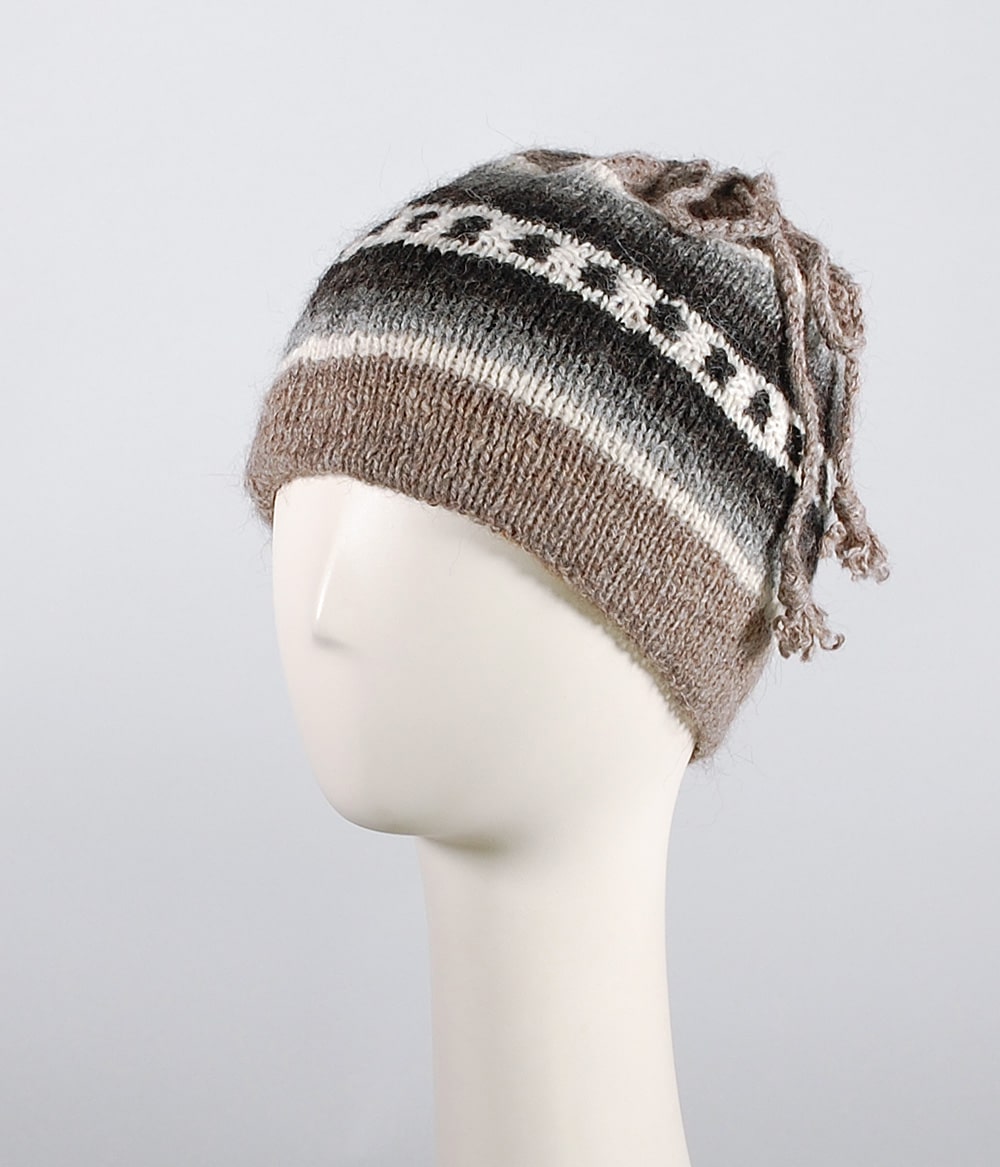 Cache-cou tuque réversible 100% alpaga tricoté à la main, à motifs