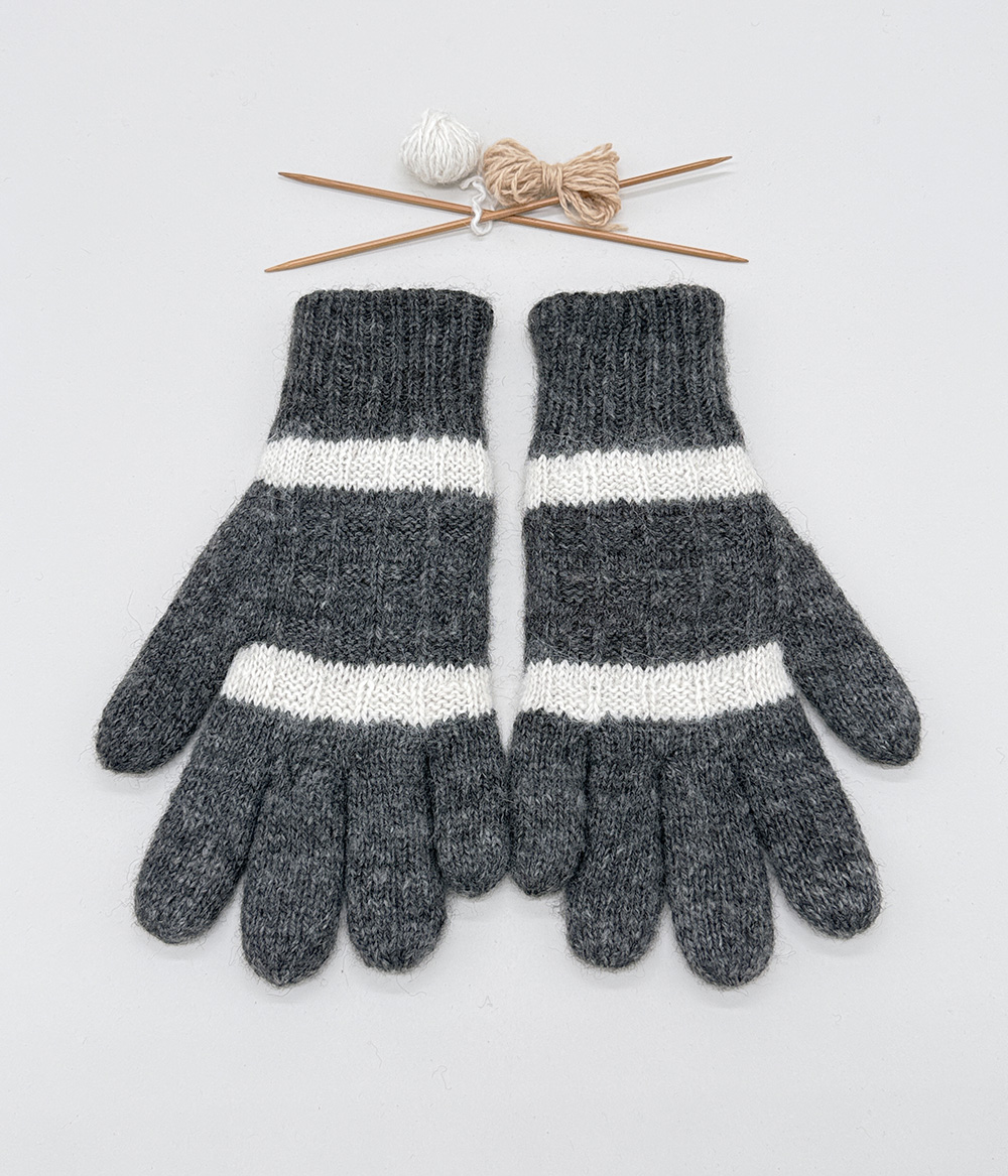 Gants doubles et réversibles 100% alpaga tricoté à la main, rayés