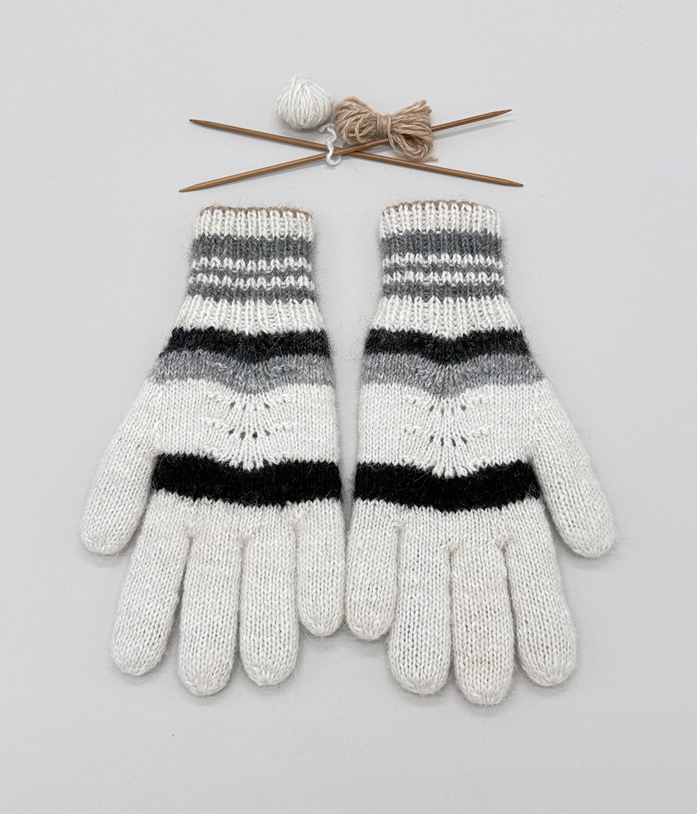 Gants doubles et réversibles 100% alpaga tricoté à la main, rayés