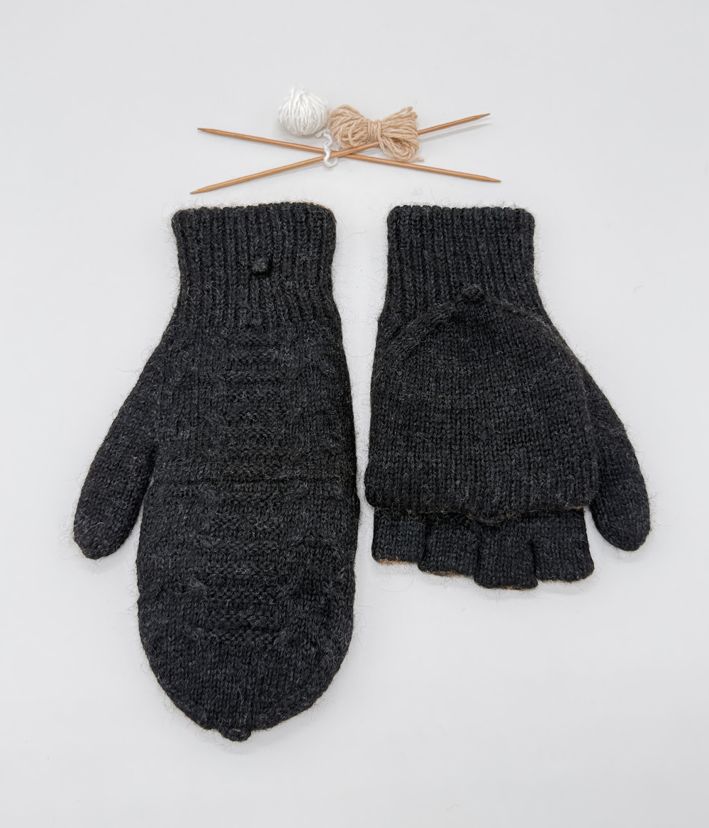 Gants doubles à rabat, noirs Gants doubles à rabat 100% alpaga tricoté à la main, noirs